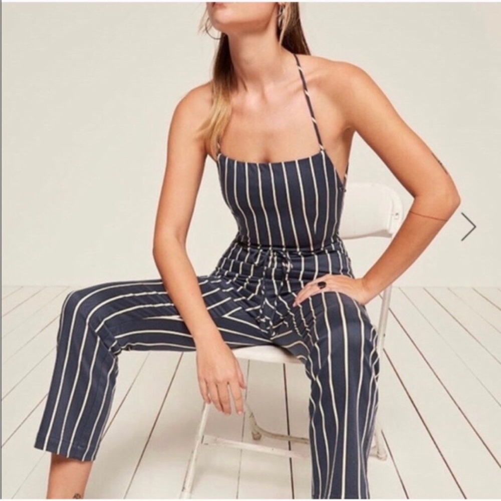 Reformation Pinstripe Rufus Jumpsuit in Capone Pin Stripe Blue and White Size 4